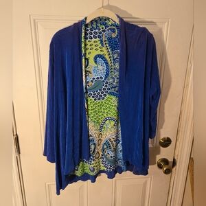 Vintage Slinky Brand Open Front Reversible Cardigan Womens M Blue Paisley No Tag